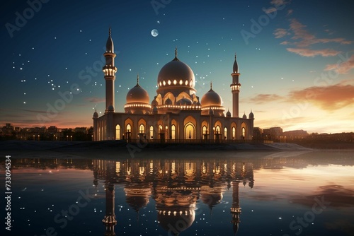 AI generated illustration of an Islamic mosque illuminated by the light of the evening moon © Wirestock