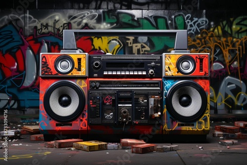 An AI illustration of a red boom box is leaning against some graffiti painted walls