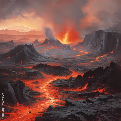 Apocalyptic Volcanic Landscape with Fiery Lava Flows and Ashen Mountains