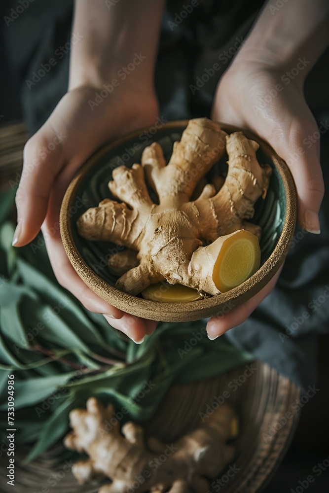 AI illustration of a person holding a bowl filled with freshly sliced ginger root pieces.