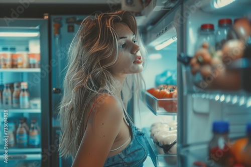 Woman Looking Into a Refrigerator Full of Food