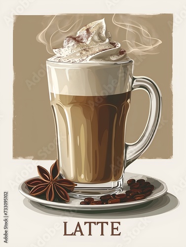 AI generated illustration of a steaming glass of coffee latte with creamy topping