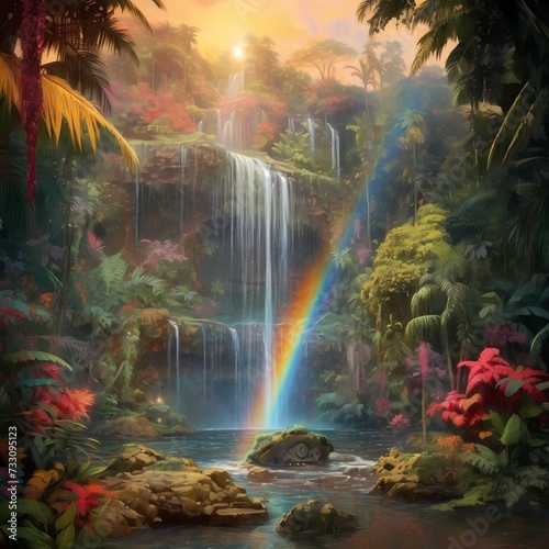 Enchanted Tropical Waterfall Oasis with Rainbow at Sunrise