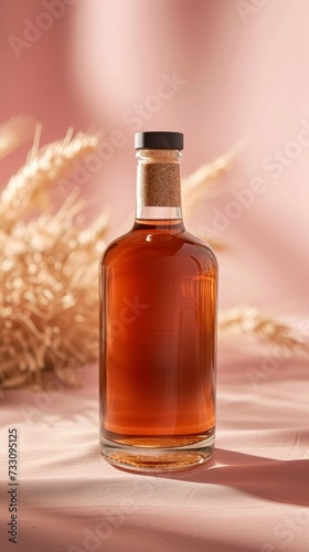 A bottle of liquor sitting on a table next to some wheat, AI