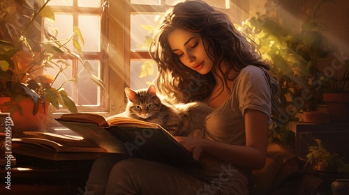 In a room filled with books, a young woman and her cat find solace, their quiet companionship transcending the ordinary. photo