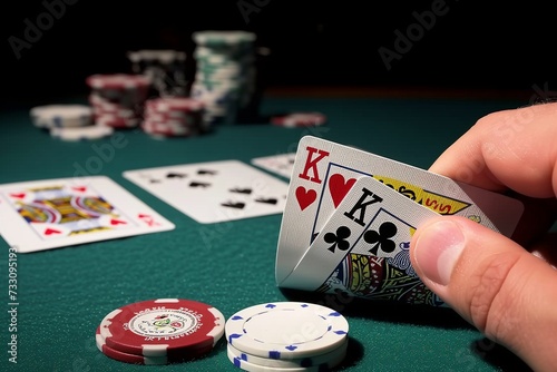 a man placing some poker chips into a player's deck photo