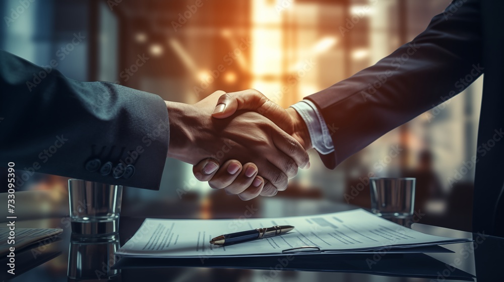 Handshake between business professionals in office setting signifies successful agreement and teamwork