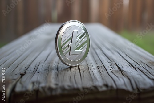 AI illustration of a litecoin on a wooden table in front of a natural outdoor field backdrop. photo