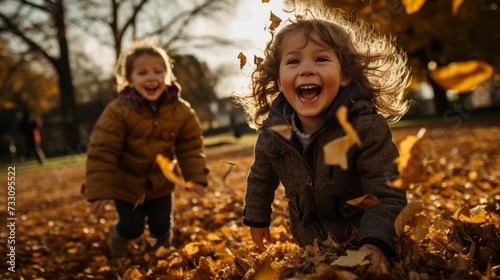 two children run through as they toss leaves in the air