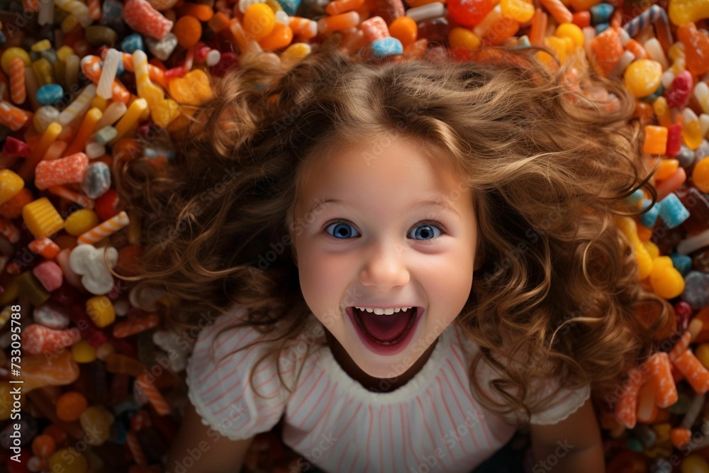 a small girl lying in a field full of gummy bears