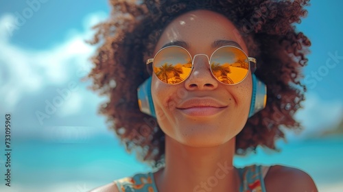 Happy woman using Wireless Headphone listen music photo