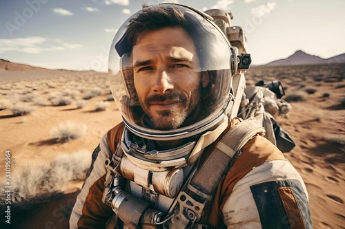 AI generated illustration of a male in an astronaut suit taking a selfie