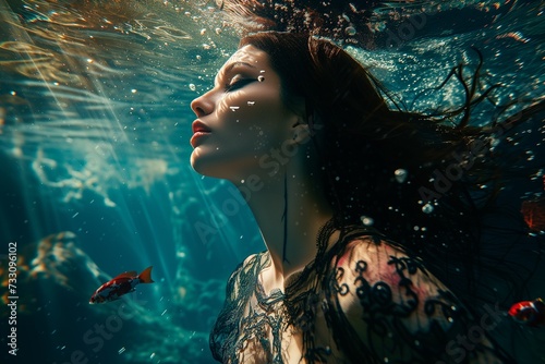 AI generated illustration of a young woman submerged underwater