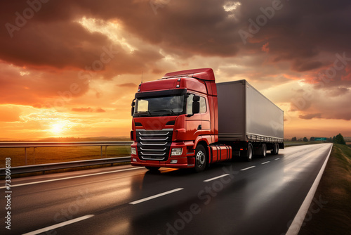 Semi truck on highway against a dramatic sunset, showcasing logistics power, AI Generative.