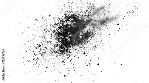 Black chalk pieces and dust flying, effect explode isolated on white photo