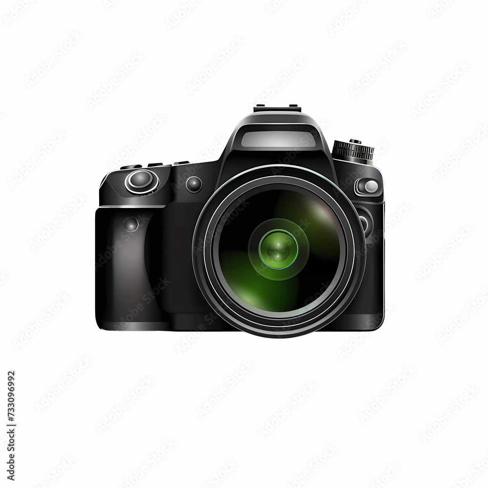 AI generated illustration of a digital camera with a lens attached on a white background