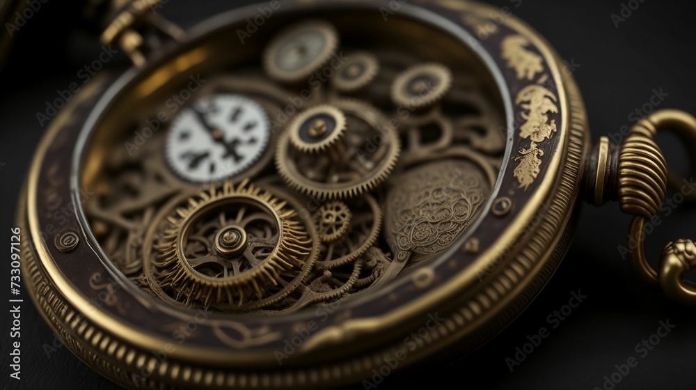 AI generated illustration of a vintage pocket watch with intricate clockwork gears