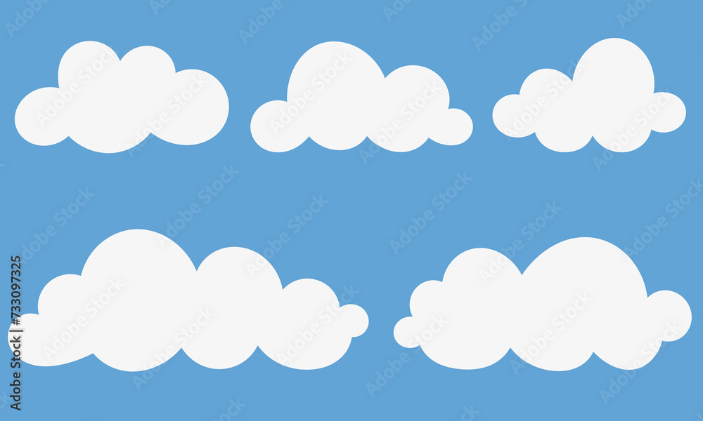 Set of flat white clouds, isolated on blue background Set of flat white clouds, isolated on blue background