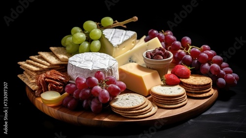 AI generated illustration of a wooden board filled with an array of cheeses and fruits
