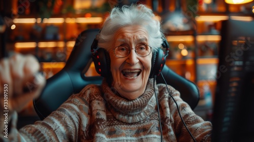 Happy gamer old woman using Wireless Headphone, playing games in an internet cafe.