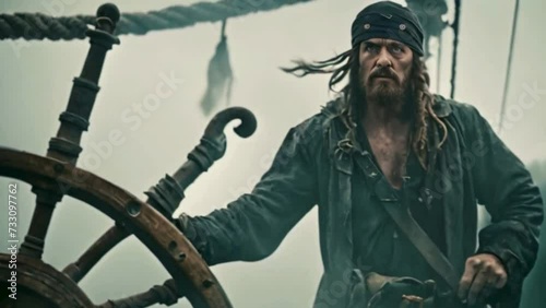 pirate near ship steering wheel navigating the ship photo
