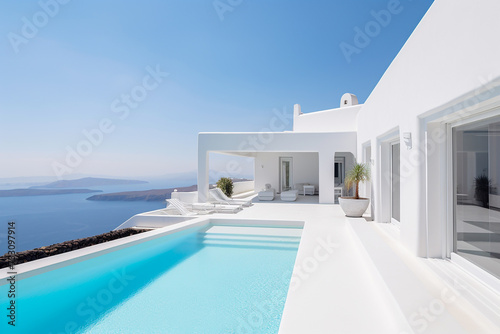 Luxurious modern property on a hill with stunning sea views. Santorini style villa, Mediterranean white house, blue water pool.