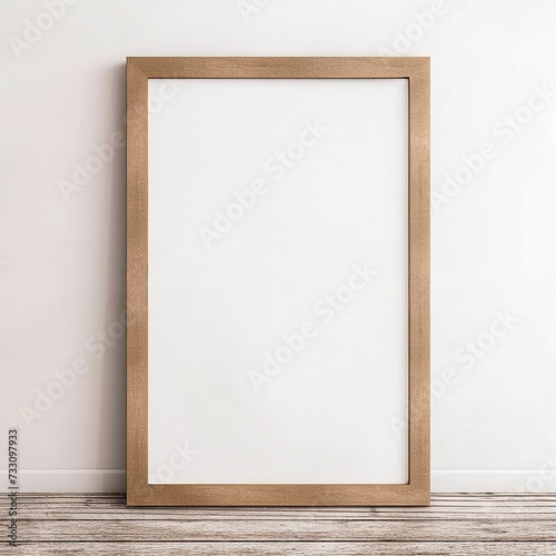 Blank Canvas Mockup with Wooden Frame Leaning Against Wall on Wooden Floor