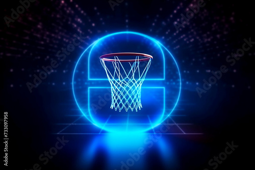 The ball went into the basket. banner basketball ball and hoop on a dark background. Blue lights. Blue backlight.