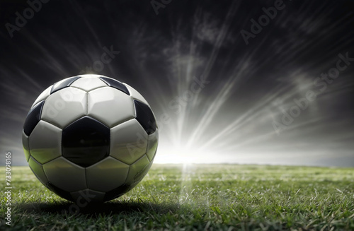 A soccer ball is placed on a grassy field with a dramatic light shining from behind. © nasir1164
