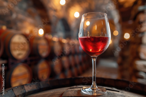 A glass of rosé wine rests on an oak barrel in a dimly lit wine cellar.