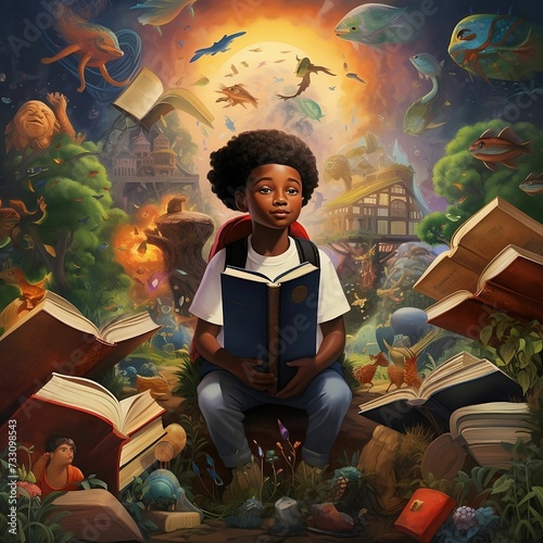 the child is sitting on a book with lots of books