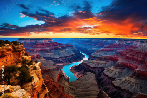 The Grand Canyon's rugged terrain and colorful sunset hues create an awe-inspiring scene. A must-see destination for outdoor enthusiasts. AI generative.