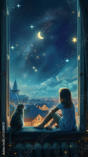A girl is sitting on the windowsill with her legs dangling down onto the street. She looks at the stars and the moon. You can also see the city at night and the roofs. And cat next to her