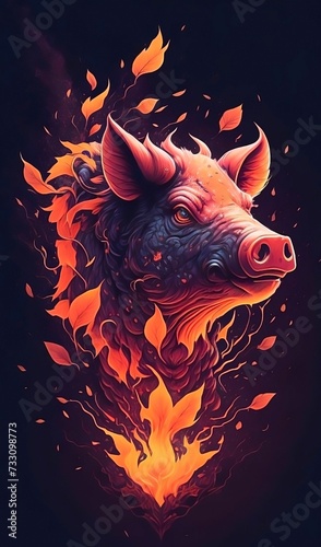 AI generated illustration of a poster featuring a cartoon pig set against a background of flames