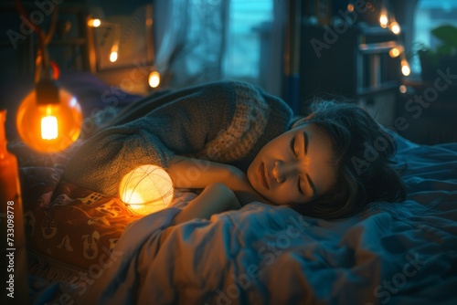 Woman Laying in Bed Next to Lit Candle