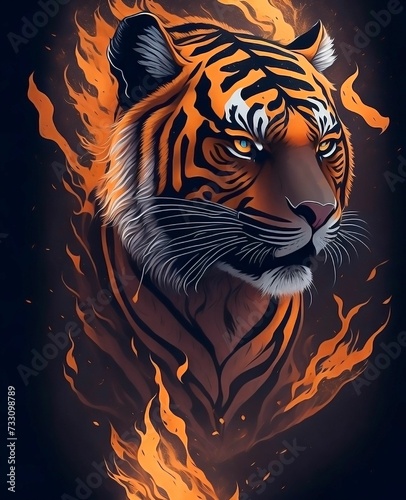 AI generated illustration of A majestic orange Bengal tiger with its head engulfed in flames © Wirestock