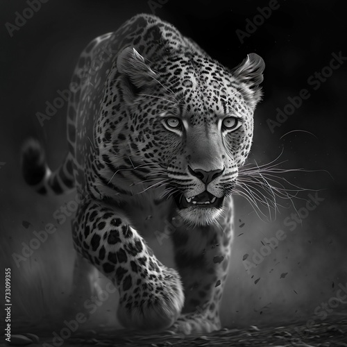 AI generated illustration of a majestic Leopard striding confidently through a wild grass field