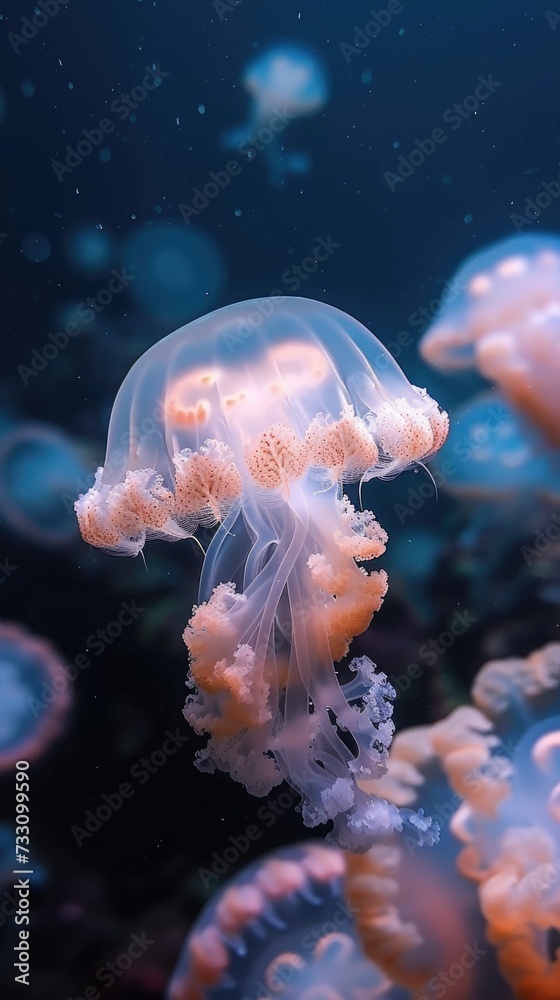 Naklejka premium Serene beauty: captivating jellyfish in the underwater world, a mesmerizing display of aesthetics, tranquility, and marine elegance, perfect for serene aquatic imagery