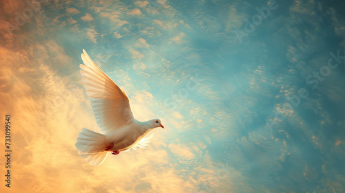 White dove soaring at sunrise, an AI Generative vision of peace.