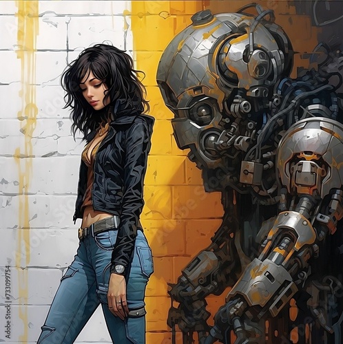 AI generated illustration of a young woman beside a humanoid robotic figure photo