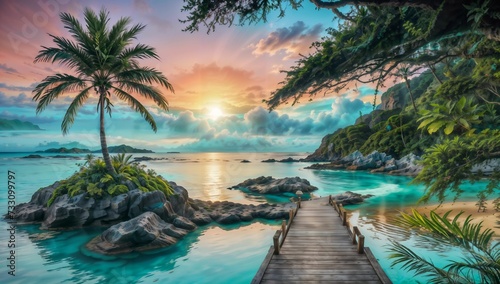 Tropical Paradise with sunset and clear water