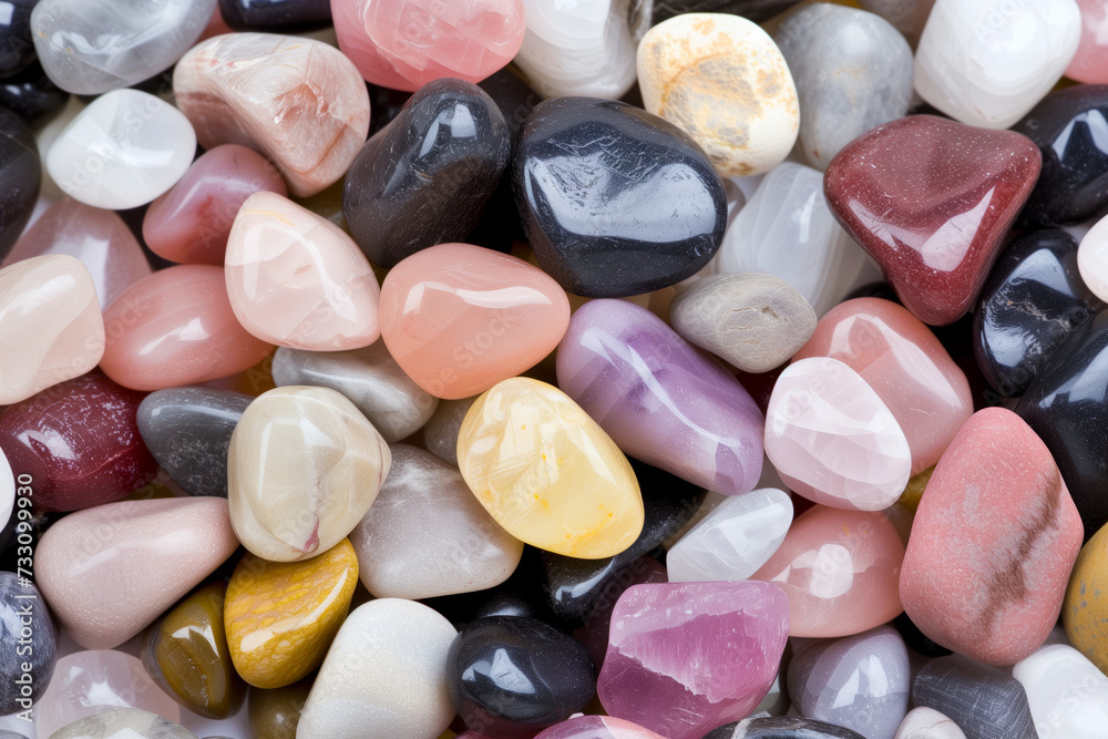 Close-up view of numerous polished stones of various colors and sizes Close-up view of numerous polished stones of various colors and sizes
