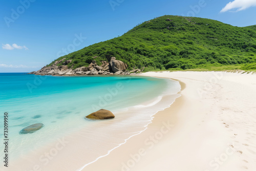 A tranquil beach with crystal clear turquoise waters, pristine white sands, and lush green hills in the background