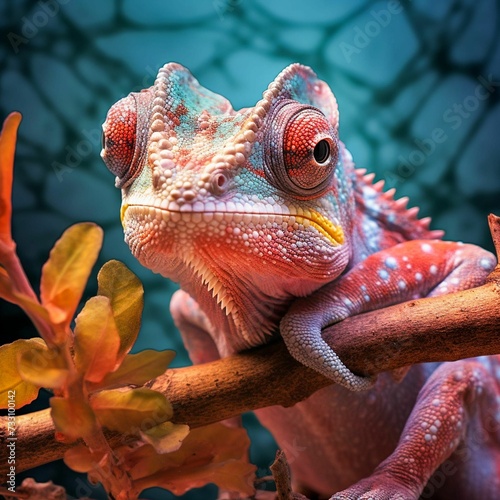 AI generated illustration of a chameleon lizard in colorful plants
