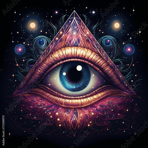 AI generated illustration of a glowing, celestial eye in a triangle with stars in the night sky photo