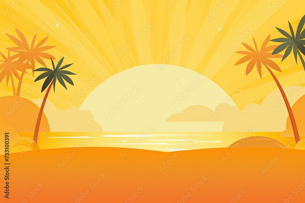 AI generated illustration of a scenic beach with palm trees and a stunning sunrise