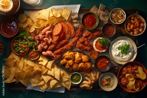 Wallpaper Mural Large round metal tray filled with a variety of different food and sauces, AI-generated. Torontodigital.ca