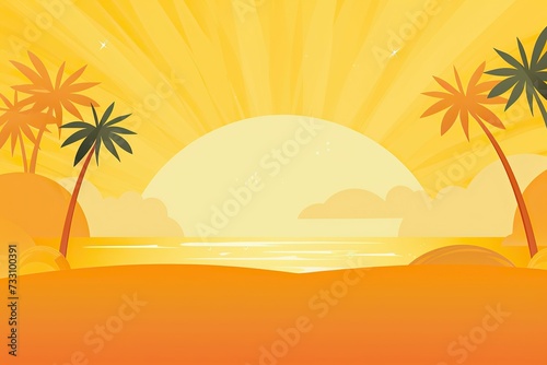 AI generated illustration of a scenic beach with palm trees and a stunning sunrise © Wirestock