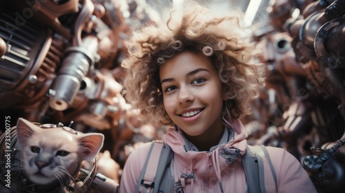 AI generated illustration of a young female child in front of stacks of vintage mechanical equipment photo