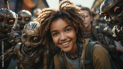 AI generated illustration of a young woman with dreadlocks surrounded by robots